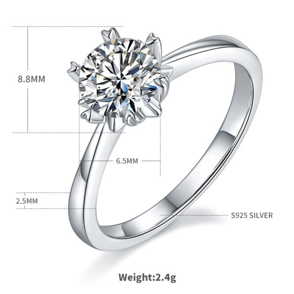 Straight arm classic snowflake S925 silver plated white gold moissanite female ring 1 carat D grade - Image 3
