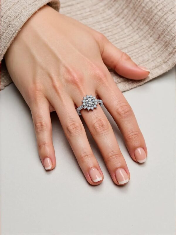Sunflower S925 silver plated white gold moissanite female ring 1 carat D grade - Image 4