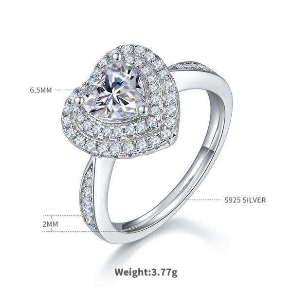 Luxury Heart Shape S925 Silver Plated White Gold Moissanite Women's Ring 1.0 Carat D Grade - Image 3