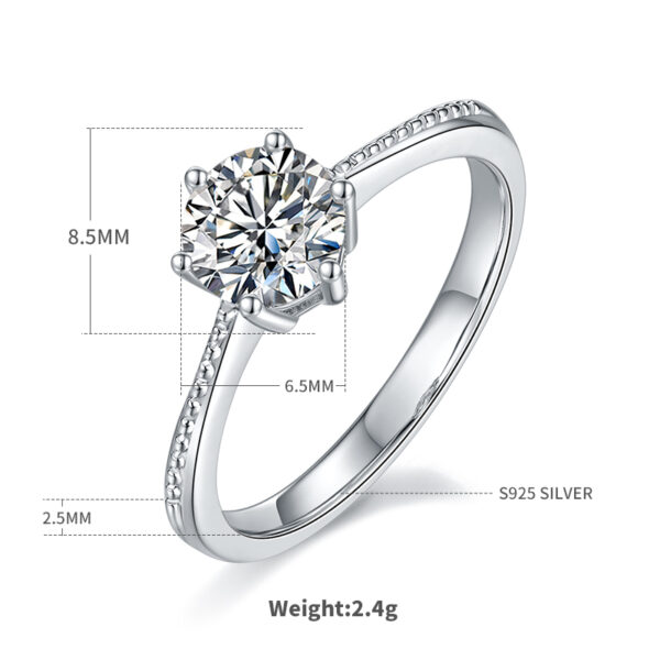 Straight arm bead edge commitment S925 silver plated white gold moissanite diamond female ring 1 carat D grade - Image 3