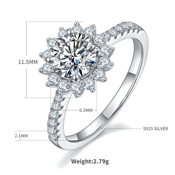 Sunflower S925 silver plated white gold moissanite female ring 1 carat D grade - Image 3