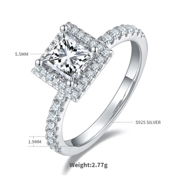 Light luxury square S925 silver plated white gold moissanite female ring 1.0 carat D grade - Image 3
