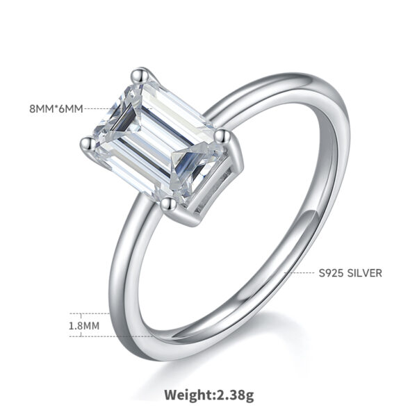 Classic rectangular S925 silver plated white gold moissanite female ring 2.0 carat D grade - Image 2