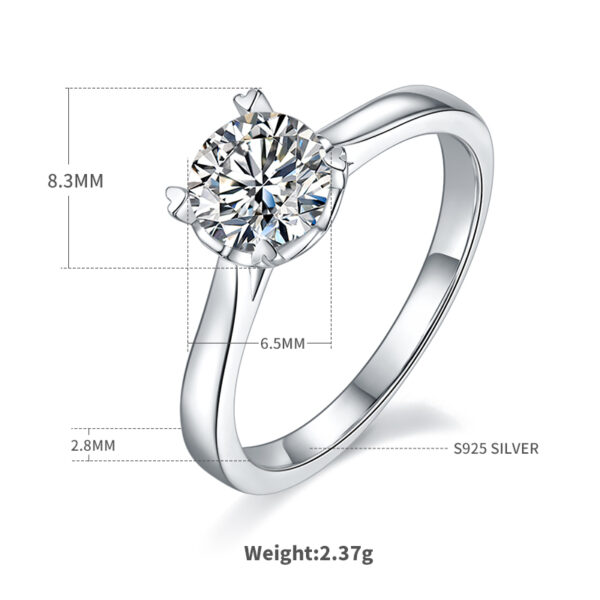 Straight arm love cup four claw S925 silver plated white gold moissanite female ring 1 carat D grade - Image 3