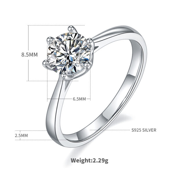 Straight arm new six claw S925 silver plated white gold moissanite female ring 1 carat D grade - Image 3