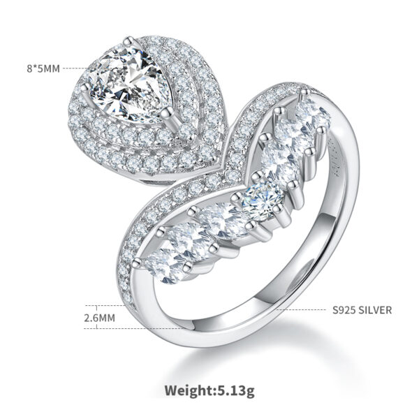 V-shaped pearl water drop S925 silver plated with white gold colored moissanite female ring 1 carat D grade - Image 3