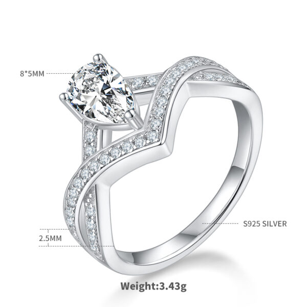 V-shaped lock love water drop S925 silver plated with white gold colored moissanite female ring 1 carat D grade - Image 3