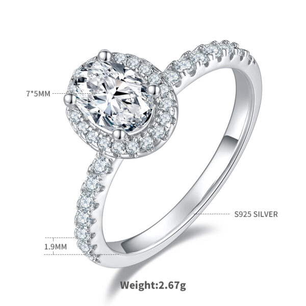 Light luxury egg-shaped S925 silver plated white gold moissanite female ring 1.0 carat D grade - Image 2