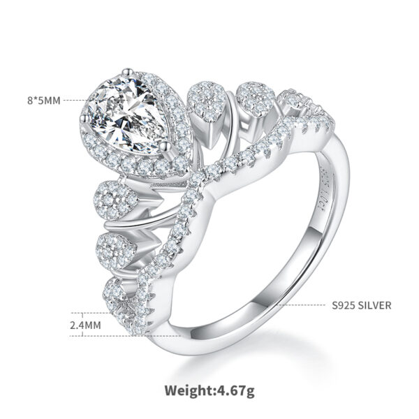 V-shaped water drop S925 silver plated with white gold colored moissanite female ring 1 carat D grade (Copy) - Image 3