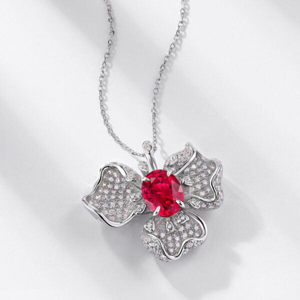 S925 silver cultivated ruby ​​sapphire pendant female flower necklace - Image 2