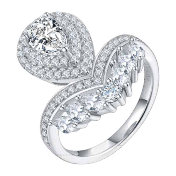 V-shaped pearl water drop S925 silver plated with white gold colored moissanite female ring 1 carat D grade