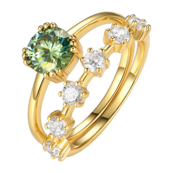 S925 silver plated 18K gold green round moissanite female ring 1.0CT