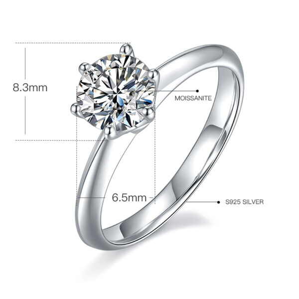 Straight arm classic six claws T home S925 silver plated white gold moissanite female ring 1 carat D grade - Image 3