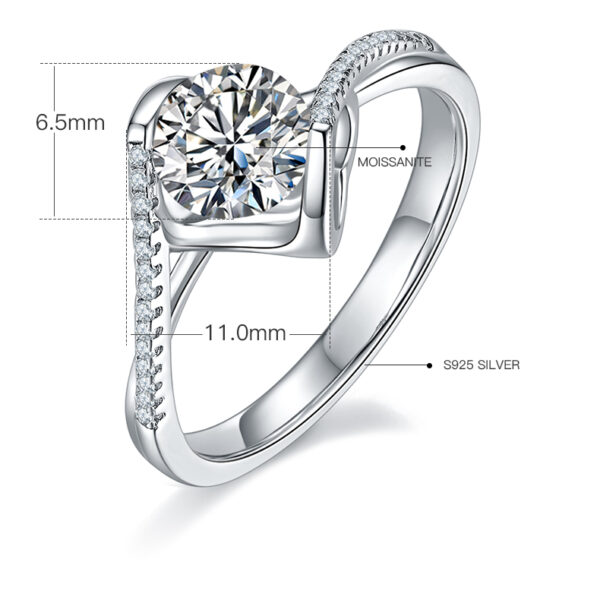 Twisted arm micro-inlaid Angel Kiss S925 silver plated white gold moissanite female ring 1 carat D grade - Image 3