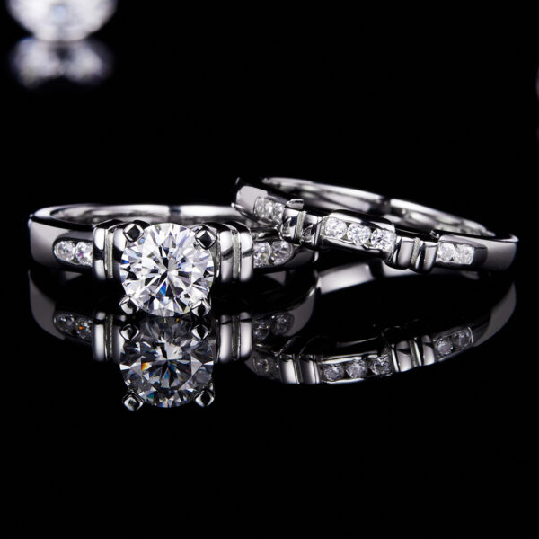 Unique bamboo four-claw female ring S925 silver plated with white gold main and secondary ring stacking custom main stone moissanite 1.0ct/secondary stone high carbon diamond - Image 2