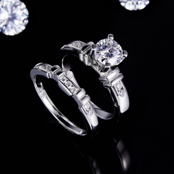 Unique bamboo four-claw female ring S925 silver plated with white gold main and secondary ring stacking custom main stone moissanite 1.0ct/secondary stone high carbon diamond - Image 3