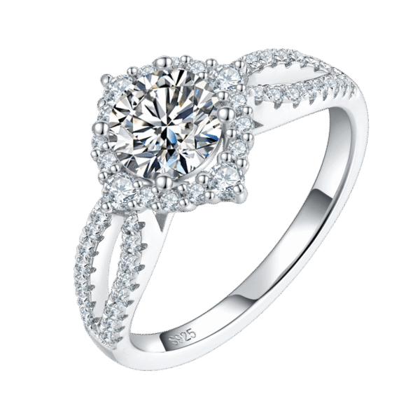 Four-claw round bag female ring S925 silver plated with white gold main and secondary rings stacked female rings customized main stone moissanite 1.0ct/secondary stone high carbon diamond - Image 4