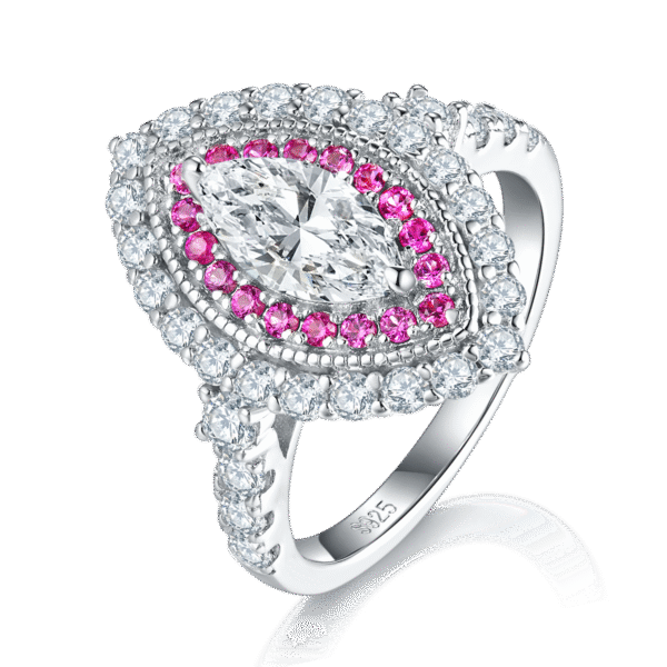 S925 Silver Plated 18K White Gold Horse Eye Moissanite Female Ring 1.0CT