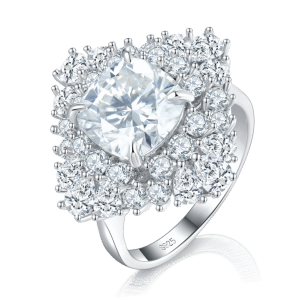 Luxury cushion-shaped diamond female ring S925 silver plated with platinum Customized selection Main stone Moissanite 3.5ct/side stone high carbon diamond