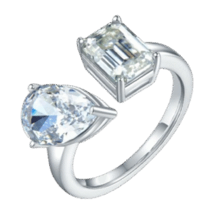 Pear-shaped ice flower cut AND rectangular moissanite S925 silver plated platinum female ring 2 carats D grade