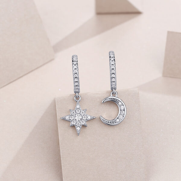 S925 silver plated 18K white gold moissanite star and moon earrings - Image 3