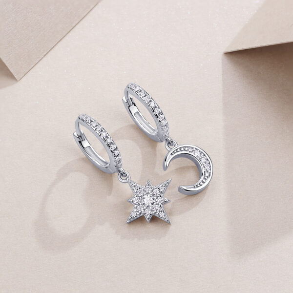 S925 silver plated 18K white gold moissanite star and moon earrings - Image 4