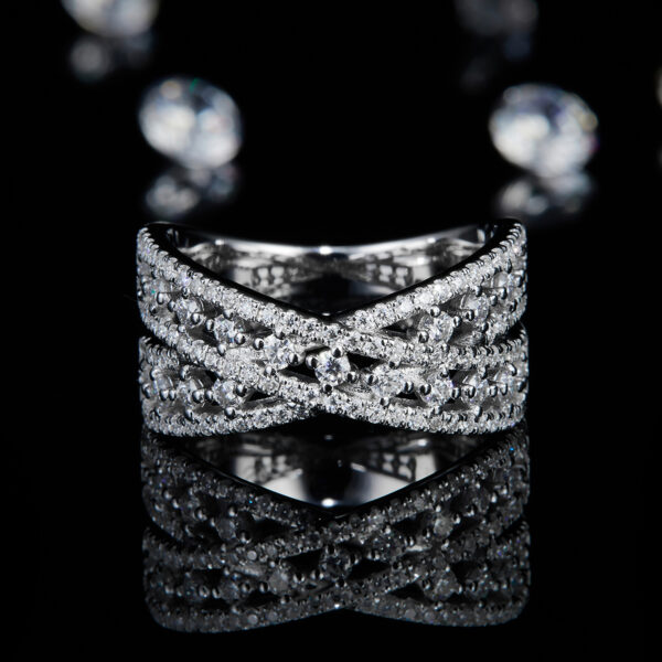 X-shaped cross full diamond hollow row ring female ring S925 silver plated with white gold custom selection side stone moissanite 0.96ct - Image 2
