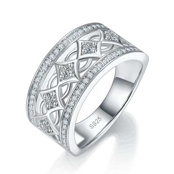 Hollow square full inlaid female ring S925 silver plated with white gold custom selected side stone moissanite 0.4ct
