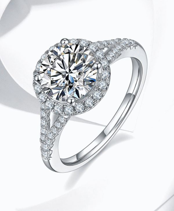 Double-arm round bag S925 silver plated white gold moissanite female ring 2.0 carat D grade - Image 3